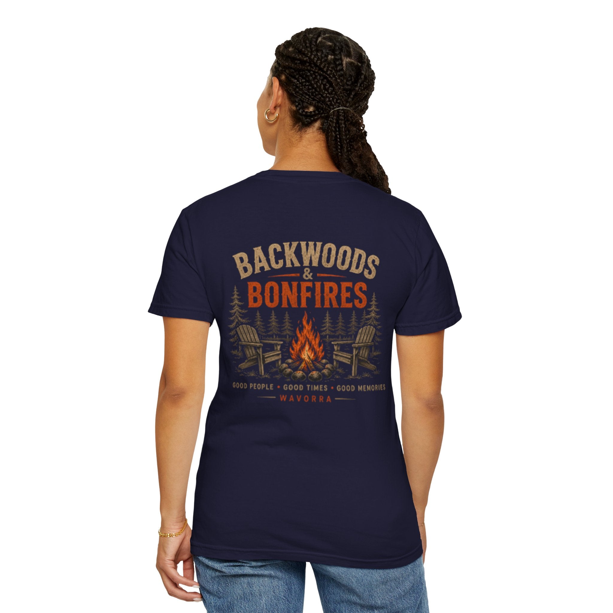 Backwoods & Bonfires T-Shirt — Outdoor Campfire Graphic Tee