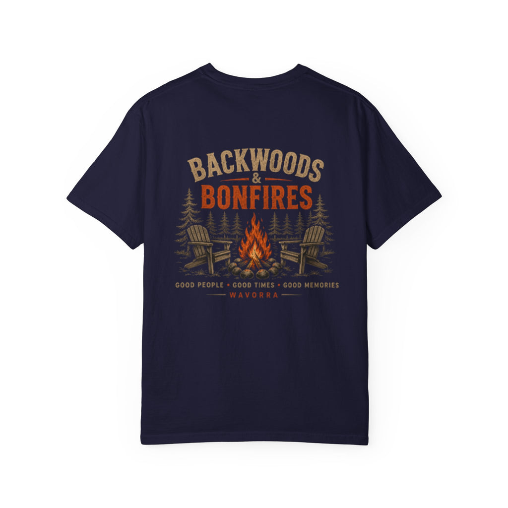 Backwoods & Bonfires T-Shirt — Outdoor Campfire Graphic Tee