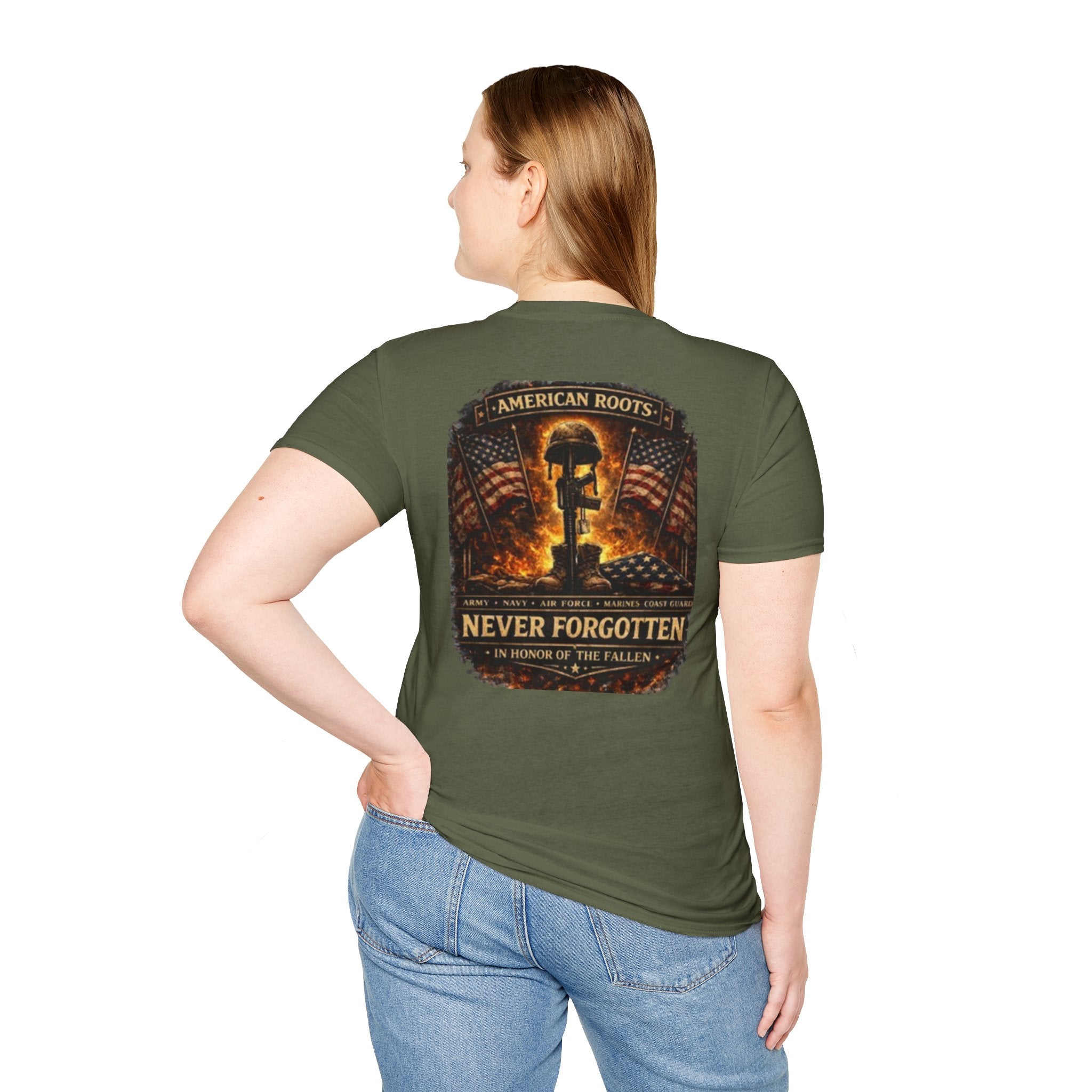 Never Forgotten Memorial T-Shirt — "American Roots" Fallen Soldier Tribute