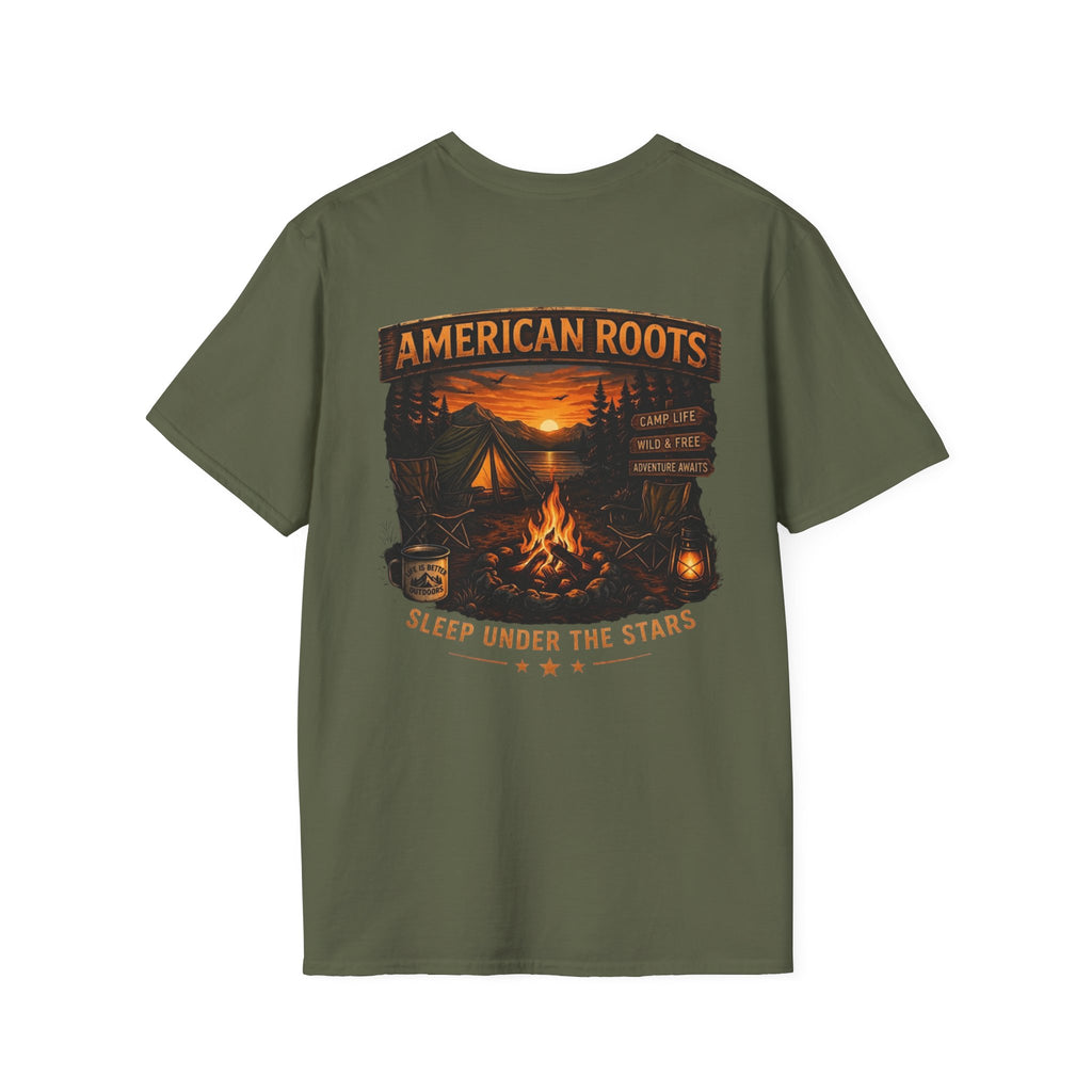 American Roots Camping T-Shirt — Sleep Under the Stars Outdoor Graphic Tee