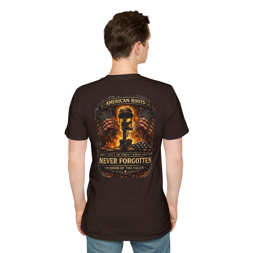 Never Forgotten Memorial T-Shirt — "American Roots" Fallen Soldier Tribute