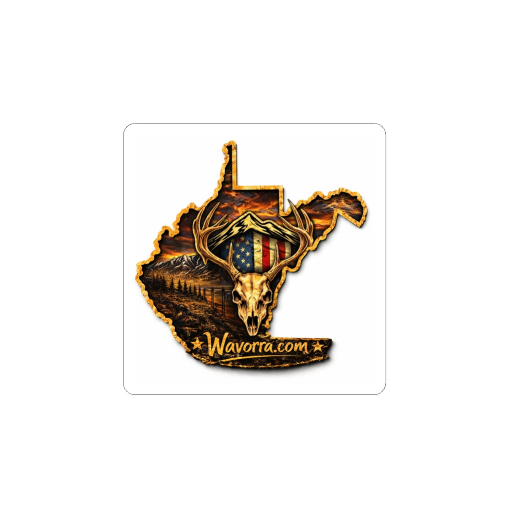 West Virginia Skull & Antlers Kiss-Cut Sticker — Rustic Flag Mountain Outdoors Decal