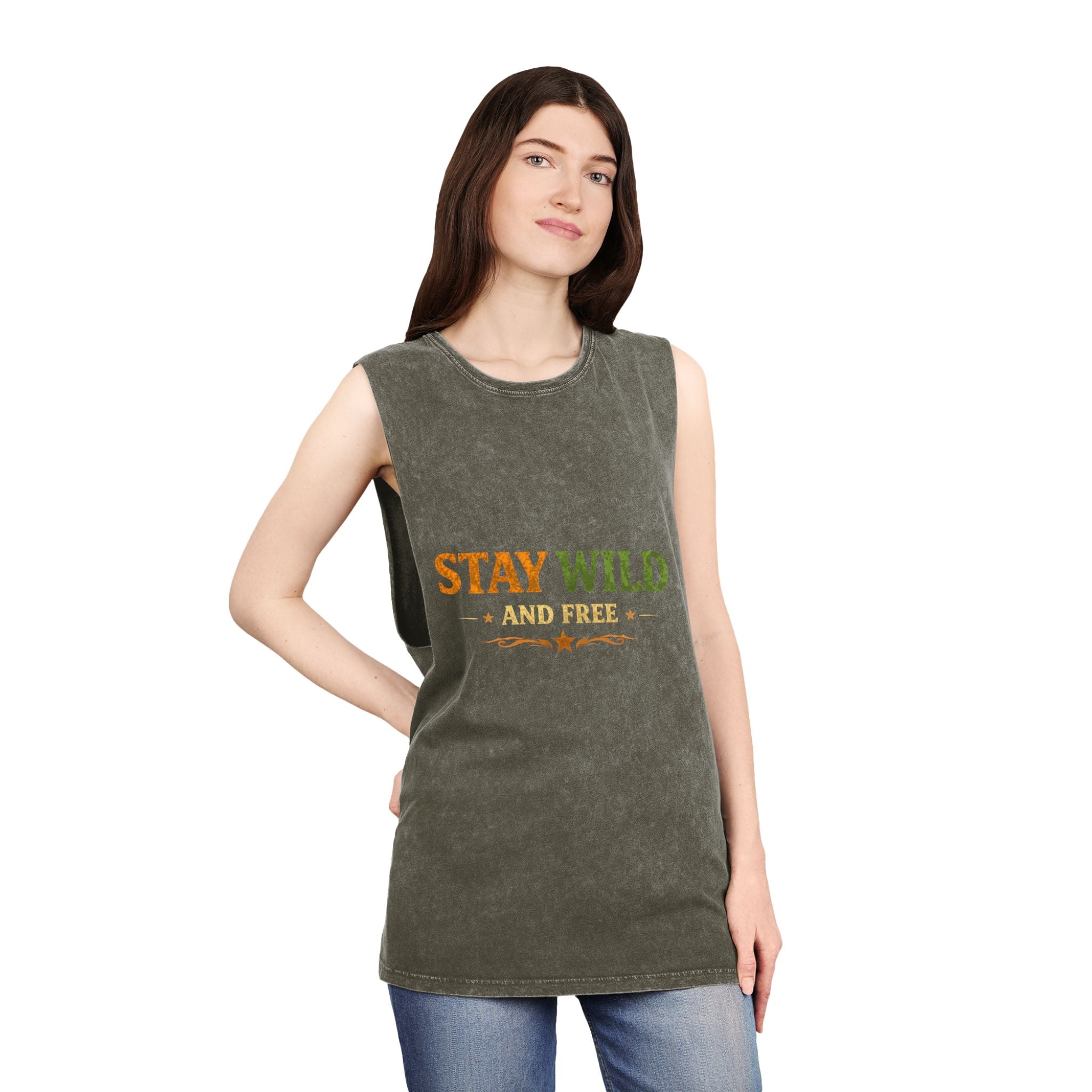 Stay Wild and Free Stonewash Tank — Retro Outdoor Graphic Tank Top