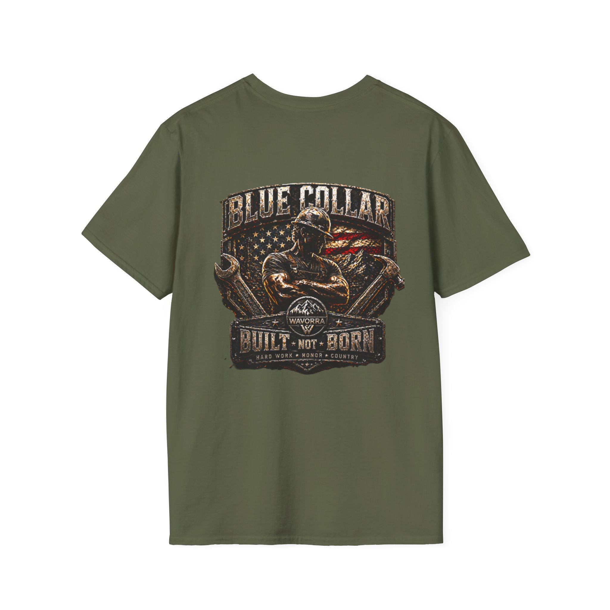 Blue Collar T-Shirt — "Built Not Born" American Flag Work Tee