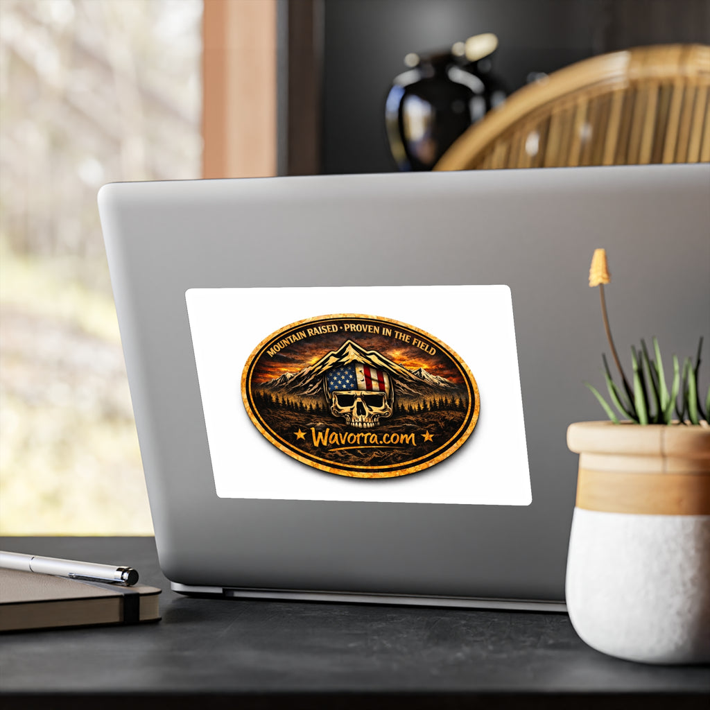 Kiss-Cut Vinyl Decal — Mountain Skull Logo with American Flag Shield