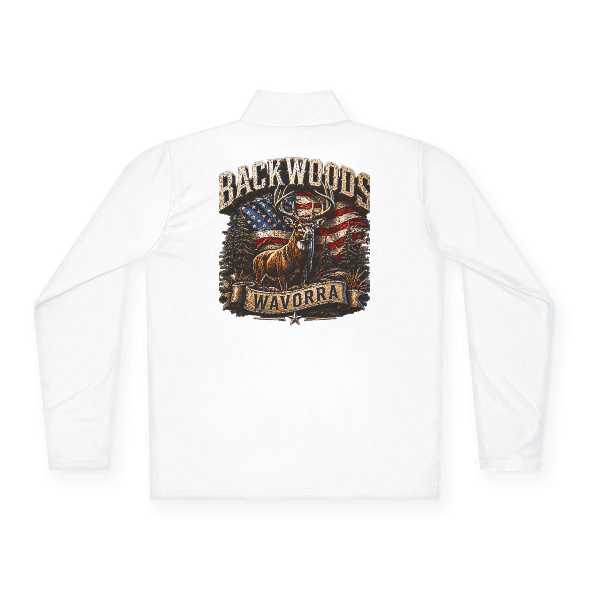 Backwoods Wavorra Quarter-Zip Pullover — American Flag Deer Hunting Graphic
