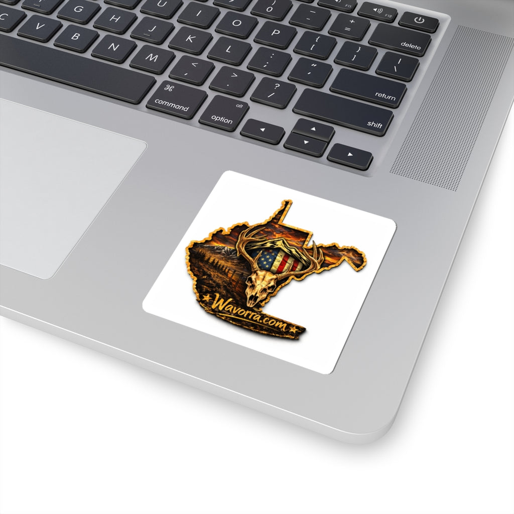 West Virginia Skull & Antlers Kiss-Cut Sticker — Rustic Flag Mountain Outdoors Decal