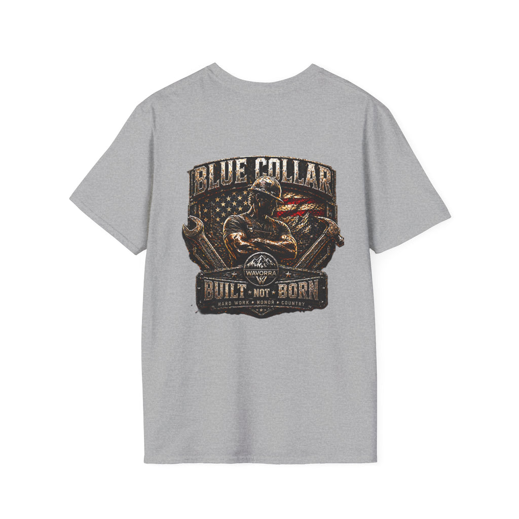Blue Collar T-Shirt — "Built Not Born" American Flag Work Tee