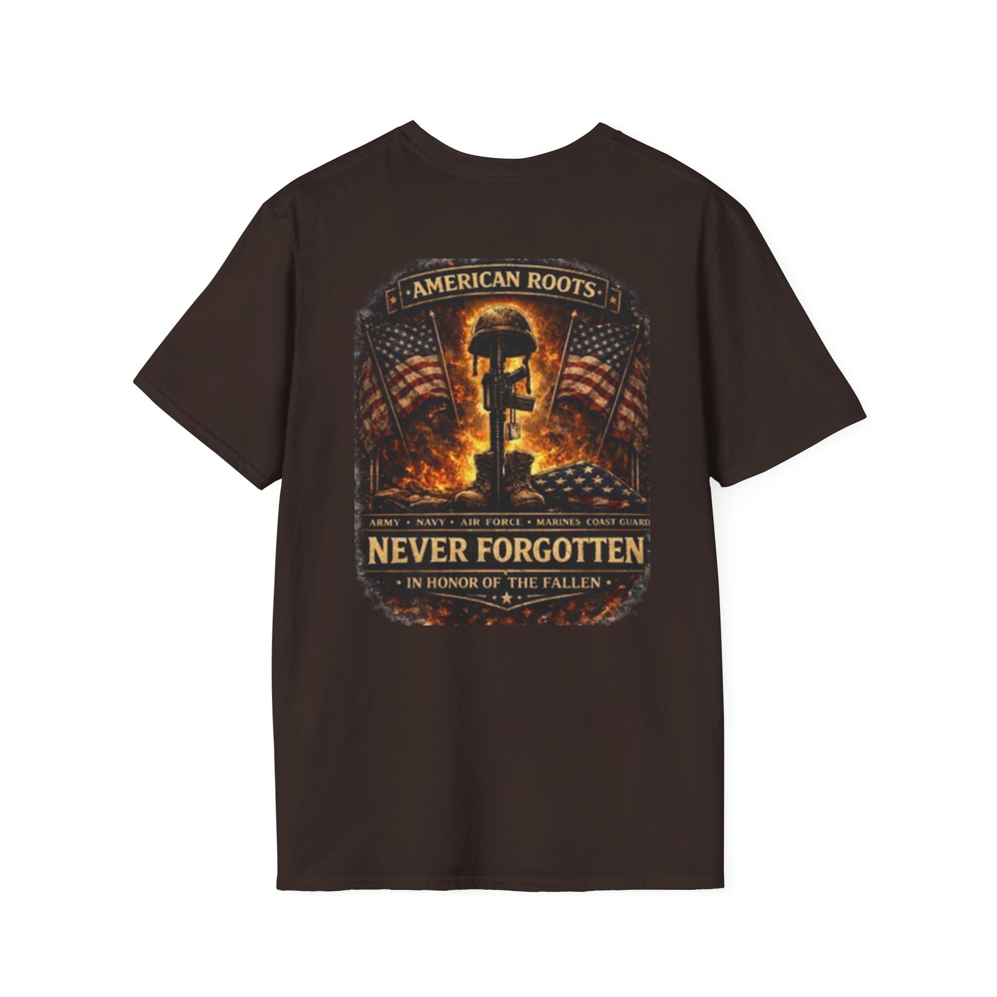 Never Forgotten Memorial T-Shirt — "American Roots" Fallen Soldier Tribute