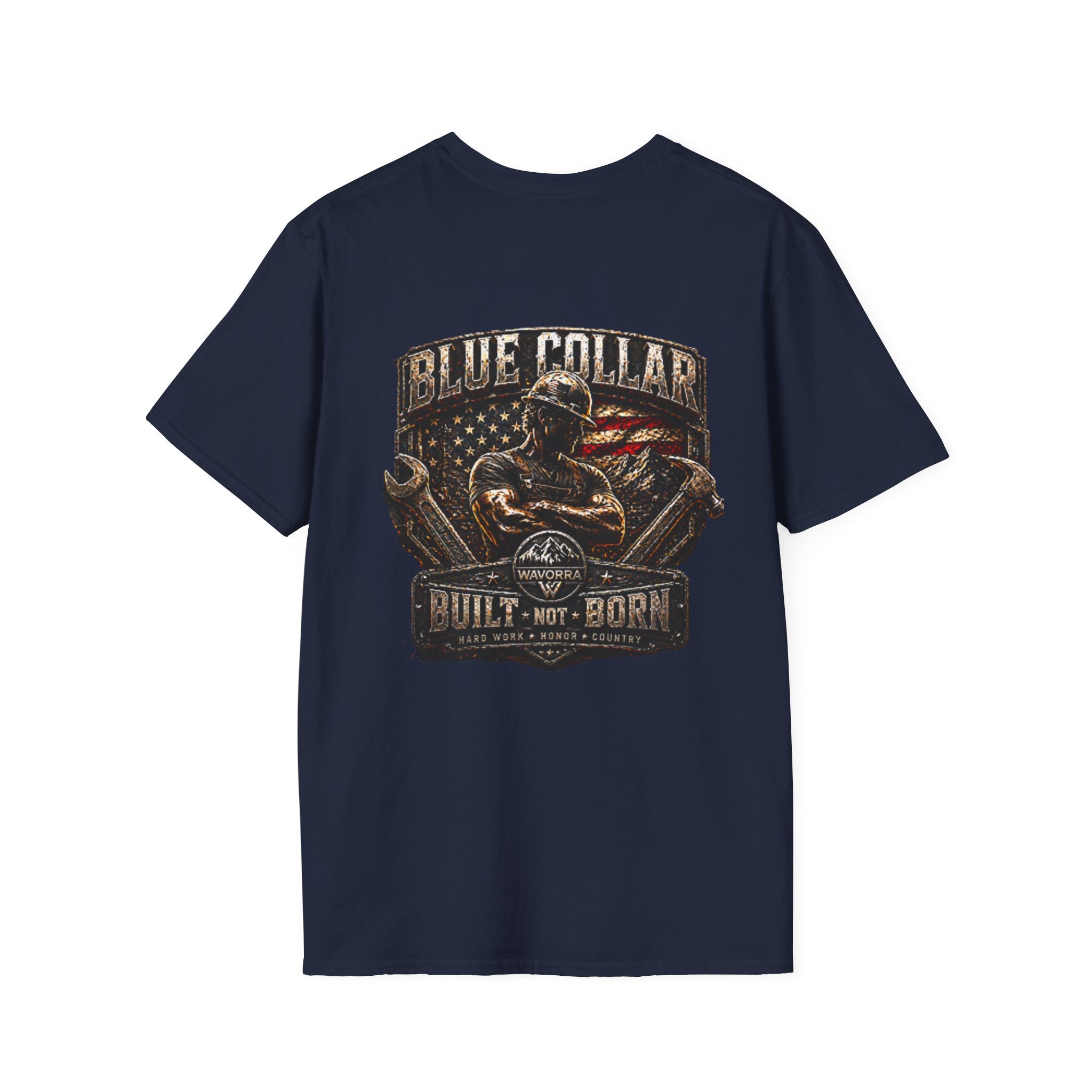 Blue Collar T-Shirt — "Built Not Born" American Flag Work Tee