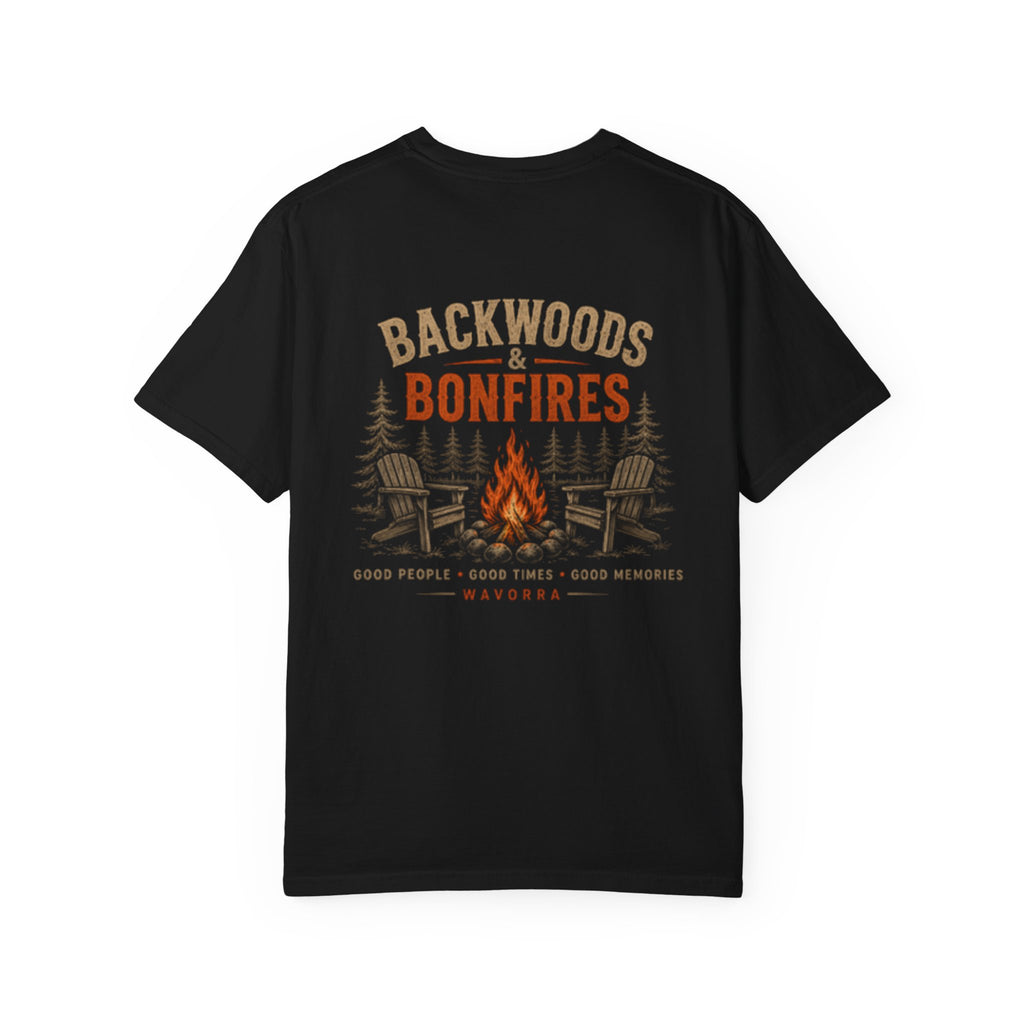 Backwoods & Bonfires T-Shirt — Outdoor Campfire Graphic Tee