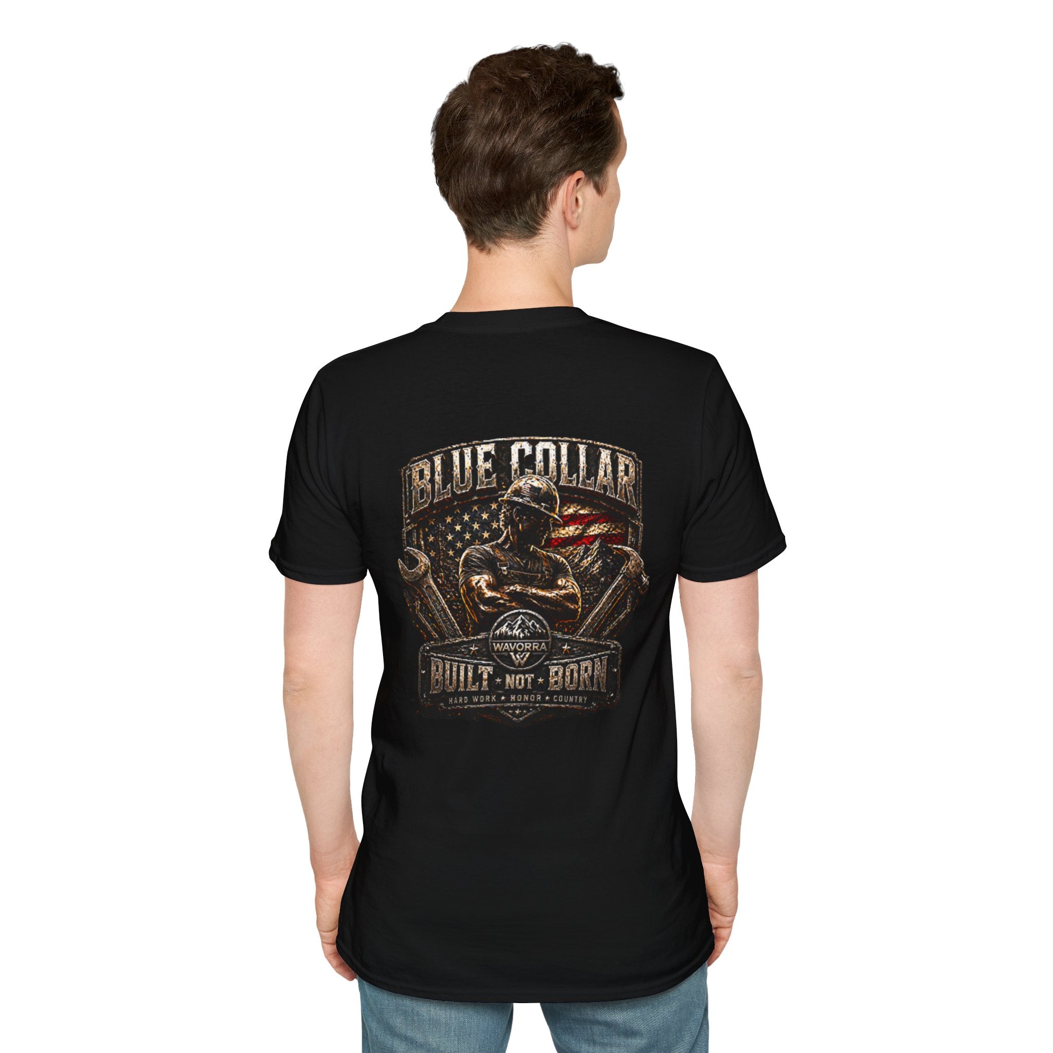 Blue Collar T-Shirt — "Built Not Born" American Flag Work Tee