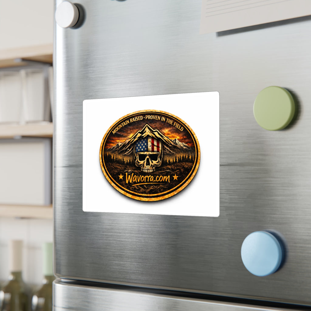 Kiss-Cut Vinyl Decal — Mountain Skull Logo with American Flag Shield