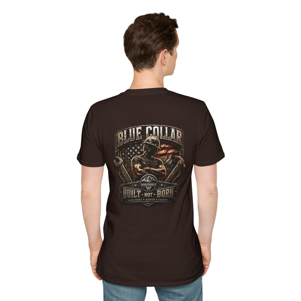 Blue Collar T-Shirt — "Built Not Born" American Flag Work Tee