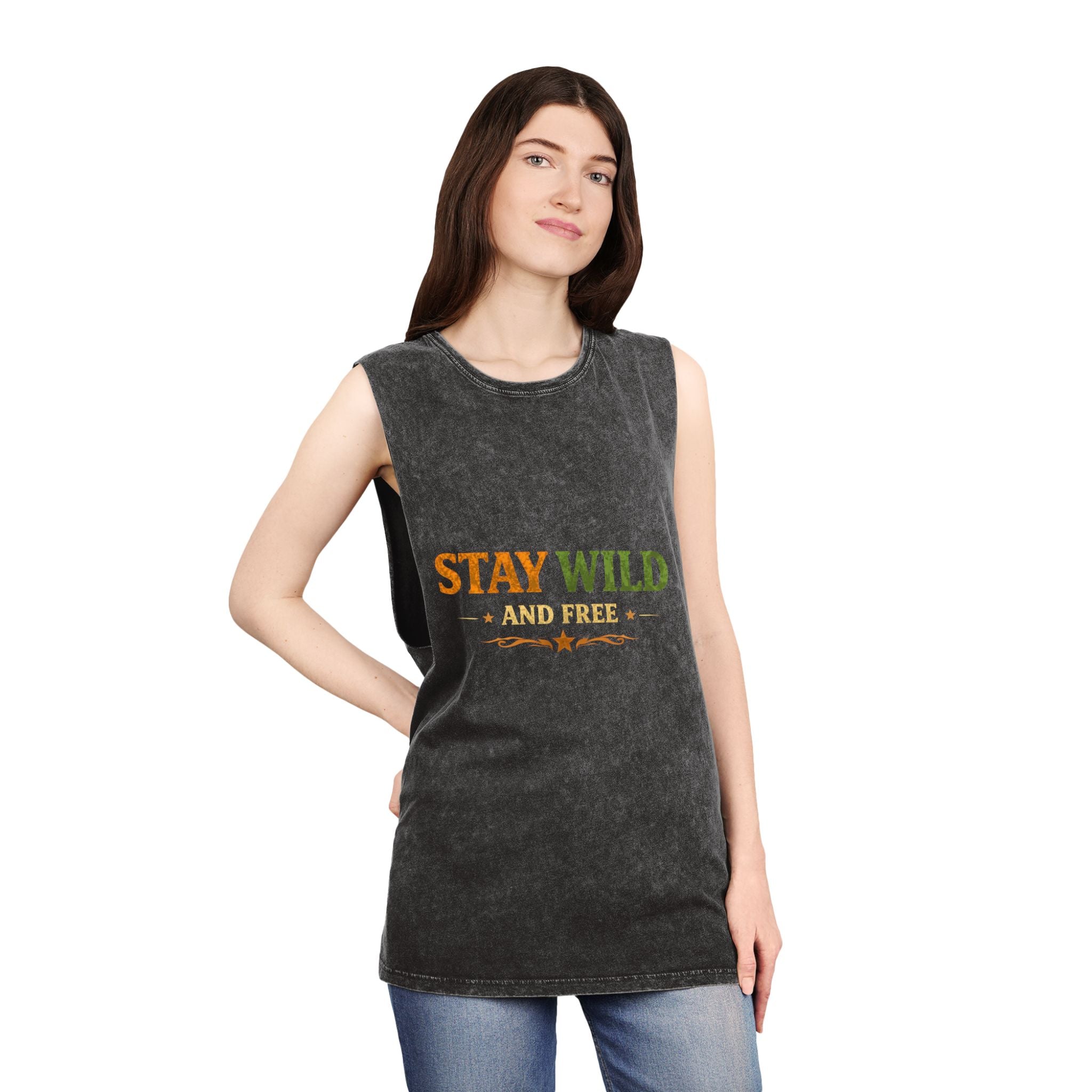 Stay Wild and Free Stonewash Tank — Retro Outdoor Graphic Tank Top