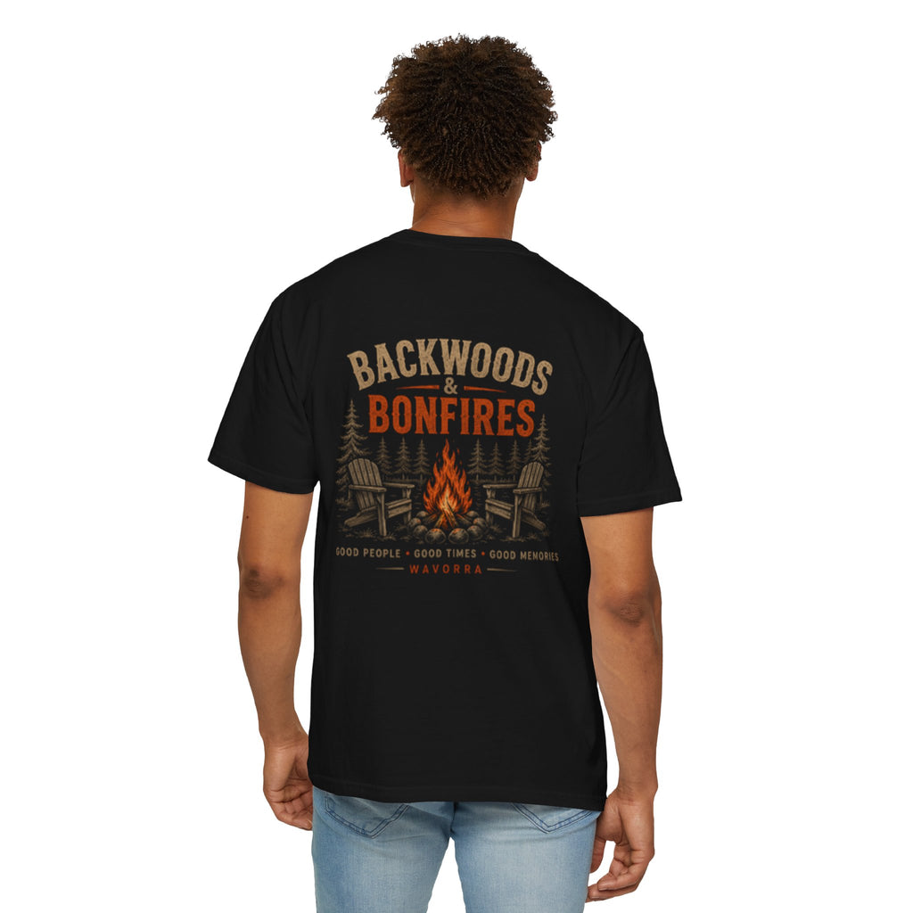 Backwoods & Bonfires T-Shirt — Outdoor Campfire Graphic Tee