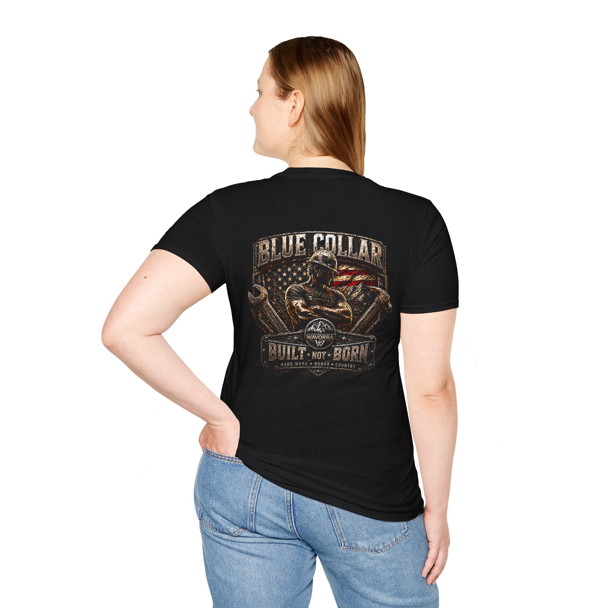 Blue Collar T-Shirt — "Built Not Born" American Flag Work Tee