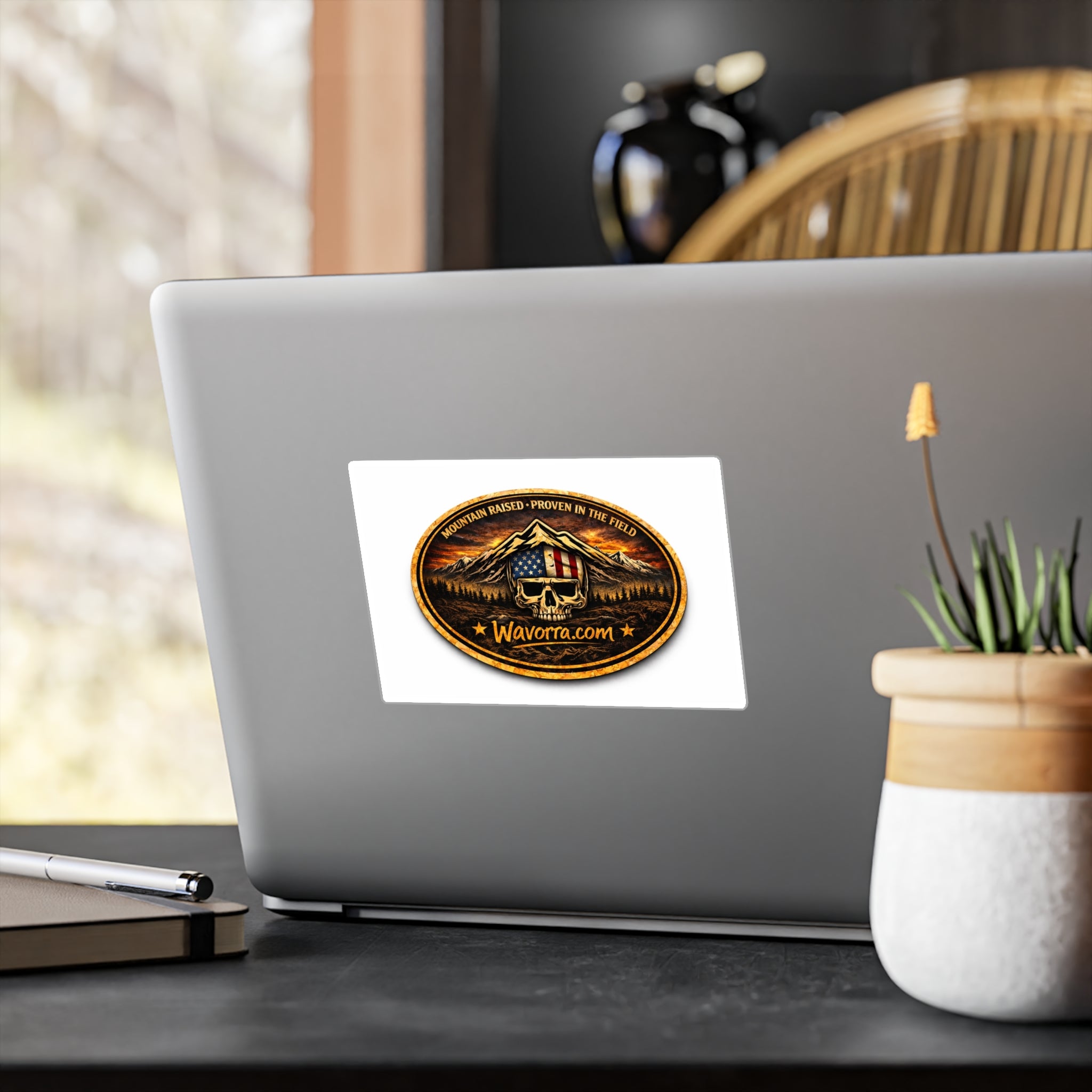 Kiss-Cut Vinyl Decal — Mountain Skull Logo with American Flag Shield