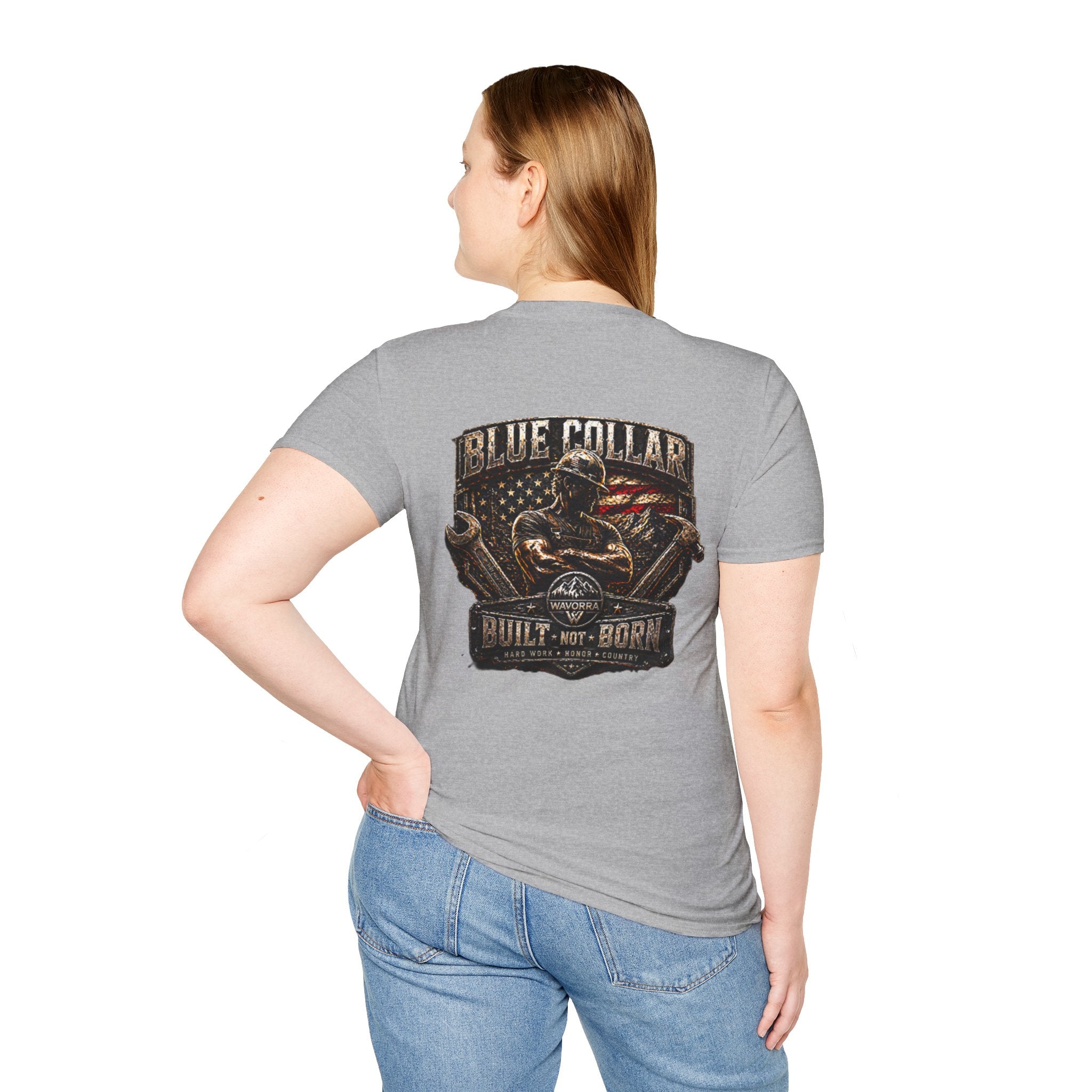 Blue Collar T-Shirt — "Built Not Born" American Flag Work Tee